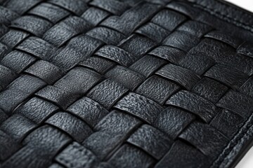 close-up of tightly woven black leather strips creating a textured grid pattern with detailed stitching on the edges