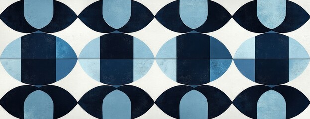 Abstract geometric pattern featuring alternating rows of semi-circles and ovals in shades of blue and black on a white background, creating a repetitive and modern design