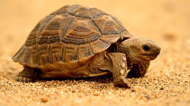 A Desert Tortoise Slowly Crawling on Sandy Ground in the Sun.