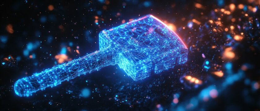 Futuristic glowing hammer composed of interconnected blue digital lines and nodes with a vibrant neon effect floating in a dark space with scattered glowing particles - Powered by Adobe