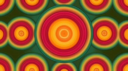 Abstract seamless pattern with concentric circular shapes in warm colors of red, orange, yellow, and green on a dark green background creating a vibrant optical effect