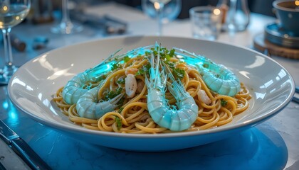 "Italian seafood linguine with glowing blue bio-engineered prawns, futuristic table setup"
