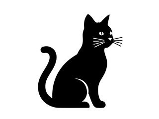 A sleek black cat with white whiskers sits gracefully, looking to the right against a plain white background.