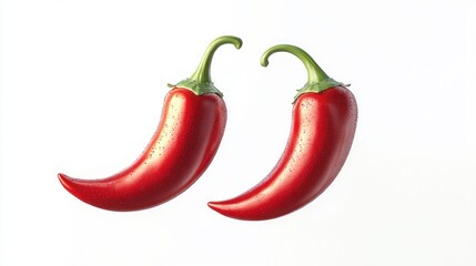 Two fresh red chili peppers with green stems on a white background displaying vibrant color and smooth texture