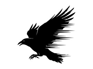 A striking black raven in dynamic flight with motion blur effect on its wings and tail, conveying speed and power against a white background.