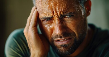 Close-up of a man with a beard clutching his head in pain, sweating heavily with furrowed brows and tense expression showing intense discomfort or headache