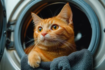 Curious ginger cat peeking out from inside a washing machine drum with a gray towel around its paws showing alert and inquisitive expression
