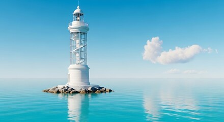 A modern white lighthouse stands on a rocky outcrop in the turquoise sea under a clear blue sky with a single fluffy cloud