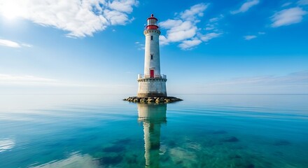 A white lighthouse with a red top stands in the middle of a calm blue sea under a clear sky with a few fluffy white clouds