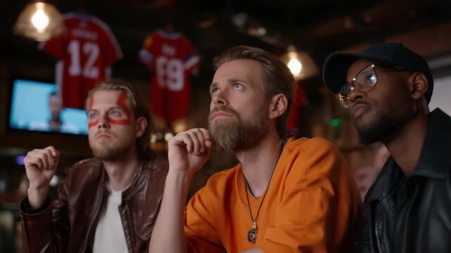 Focused men watching a sports game at a bar with jerseys in the background
