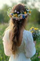 Naklejka premium Young woman with long braided hair wearing a white lace dress and a colorful floral crown holding a bouquet in a natural outdoor setting