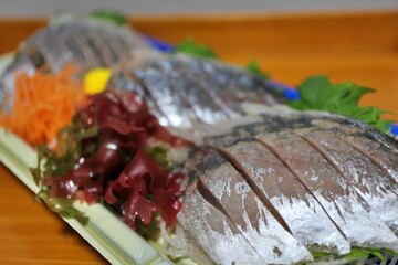 Aji (Japanese jack mackerel) sashimi purchased at a supermarket in Tokyo, Japan