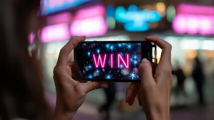 Woman Holding Mobile Phone Showing Win Message at Night in City - Powered by Adobe