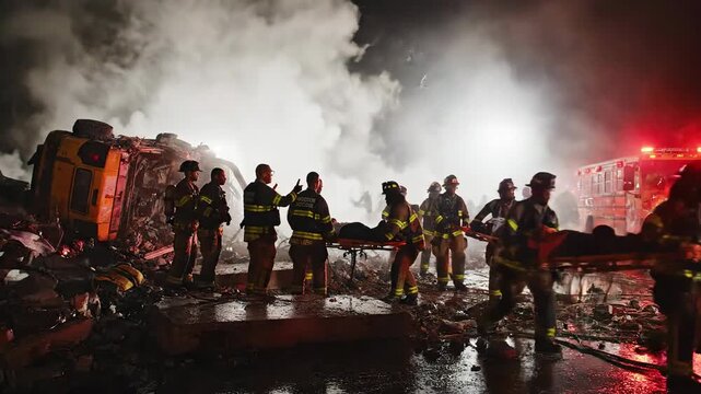 Emergency responders at a simulated disaster site during night time