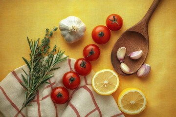 Fresh ingredients including sprigs of rosemary and thyme, whole garlic bulb, cherry tomatoes, lemon halves, and garlic cloves on a wooden spoon over a yellow surface with a striped cloth