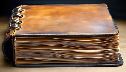 Thick vintage leather-bound notebook with metal rings and aged yellowed pages stacked tightly inside