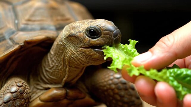 Close up of a tortoise eating lettuce from a hand.