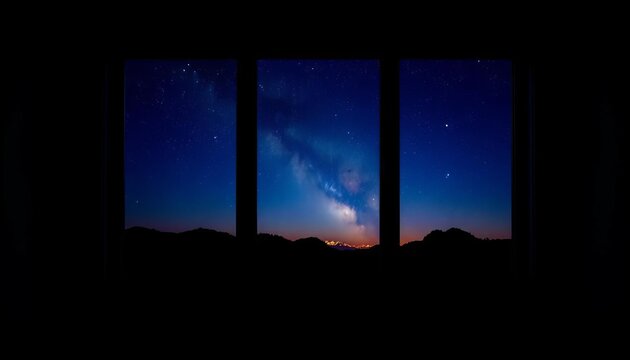 Darkened room, framed window showing night sky,   vintage,  night sky