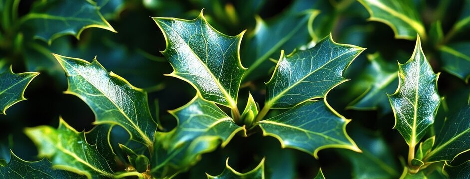 Close-up of vibrant green holly leaves with sharp, pointed edges and detailed veins under natural light - Powered by Adobe