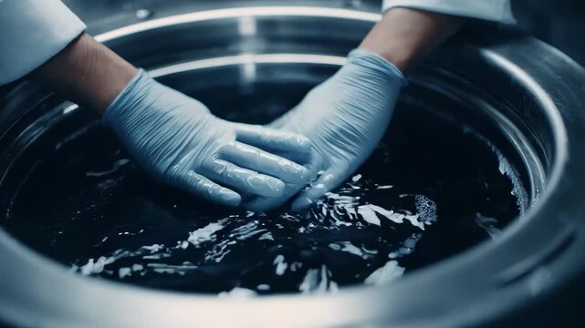 Medium shot of a technician performing drytodry hydrocarbon solvent cleaning on delicate garments in a controlled lab environment.