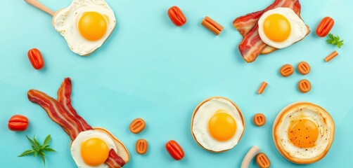 Geometric flat-lay of bacon, eggs, and other breakfast foods  Healthy, colorful, and fun design,  typography,  decoration