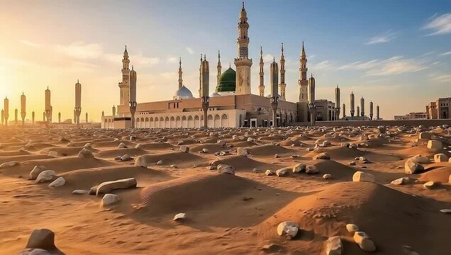 Al-Masjid an-Nabawi and Jannat al-Baqi Cemetery at Sunset in Medina