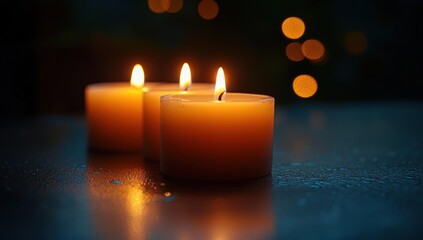 Three small lit candles on a reflective surface emitting a warm glowing light with a dark blurred background featuring soft round light spots