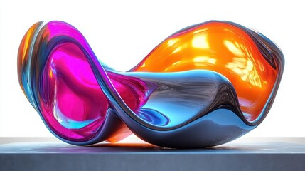 smooth shiny abstract sculpture with flowing curves in vibrant pink, blue, and orange colors on a gray pedestal with white background