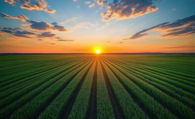 Sun setting over neatly planted green agricultural field with rows extending towards horizon under partly cloudy sky