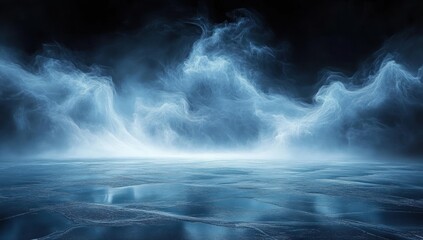 Mystical blue mist swirling above a cracked icy surface creating an ethereal and dreamlike atmosphere with dark background