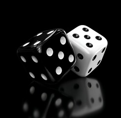 Two dice one black and one white leaning together on a reflective surface