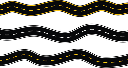 Vector Roads and Paths | Wavy Curved Highways, Horizontal Asphalt Templates | Road Signs & Perspective Illustration.