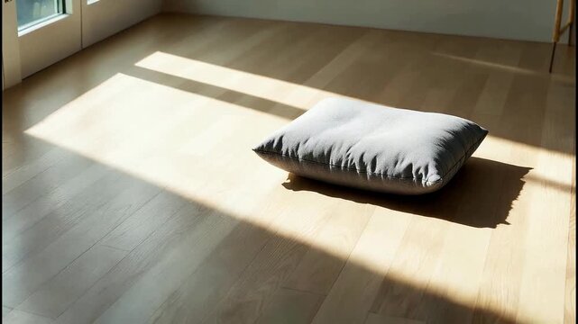 sunlight streaming through window onto floor with cushion peaceful ambiance
