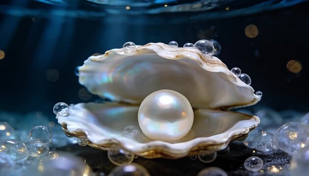 A glistening pearl rests inside an open oyster shell on the ocean floor, surrounded by bubbles and shimmering.