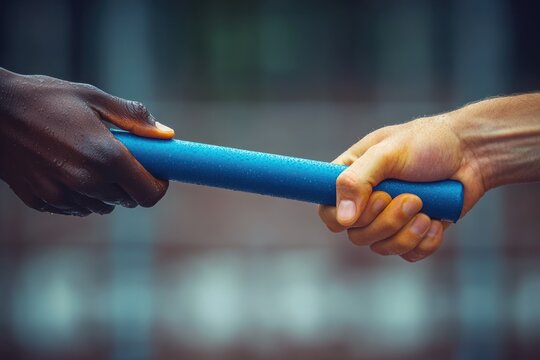 Close-up of two hands of different skin tones exchanging a wet blue relay baton conveying teamwork and determination
