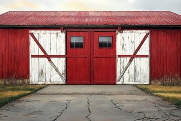 weathered red barn with white sliding doors, cracked concrete driveway and dry grass beneath a soft overcast sky, evoking rustic nostalgia