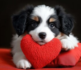 fluffy tricolor puppy resting chin on a red plush heart pillow with big soulful eyes and a tender affectionate expression
