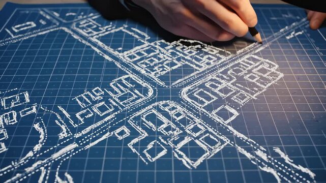 Architect Hand Draws Building Blueprint on Draft Table With Pencil