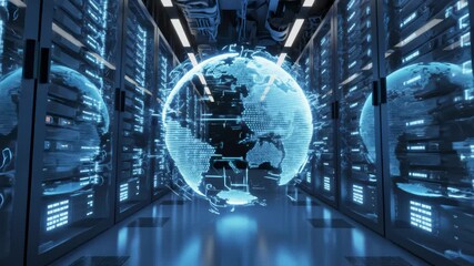 Digital Earth Globe Rotating in Data Center Server Room Animation