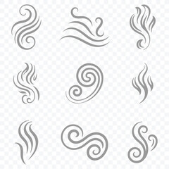 Fototapeta premium Collection of stylized smoke and steam icons. Hit stink, coffee, fragrance flame elements. Smoke smell, steam aroma heat symbol. Vector illustration.