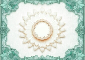 ornate mint green framed certificate background with central cream layered floral rosette and intricate guilloche, elegant refined ceremonial mood