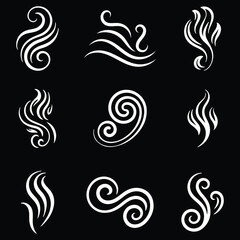 Fototapeta premium Collection of stylized smoke and steam icons. Hit stink, coffee, fragrance flame elements. Smoke smell, steam aroma heat symbol. Vector illustration.