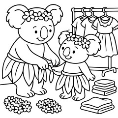 Obraz premium Koala bears in a shop: Two adorable koala bears adorned in floral garlands, preparing to explore a shop filled with clothing and linens, the scene is drawn with a playful and charming style.