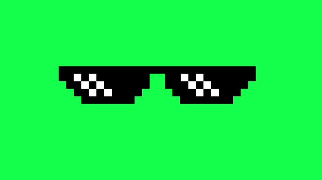 Pixelated thug life sunglasses in iconic 8-bit style on a vibrant green screen background