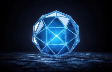 luminous faceted blue crystal polyhedron with triangular faces glowing on a dark textured surface, solitary futuristic orb conveying mystery and cold awe