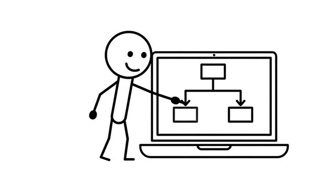 Stickman Character Points to Flowchart on Laptop Screen Demonstrating Root Cause Analysis and Problem Solving on White Background