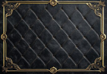 Fototapeta premium black tufted leather background with diamond quilting and buttons framed by ornate antique gold decorative border, evoking luxurious elegant and opulent mood