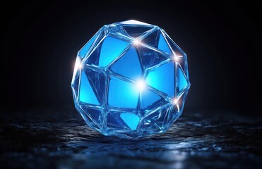 glowing faceted glass sphere with bright blue core on a dark textured surface, sparkles, reflections and a mysterious futuristic aura