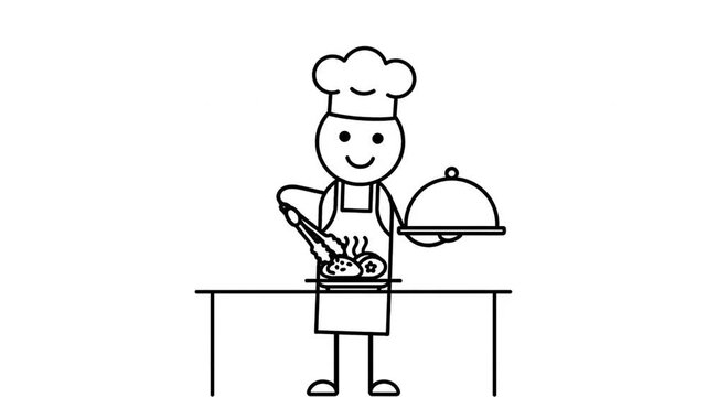 Stickman Chef Character In Simple Black And White Cartoon Style Presenting A Delicious Meal Isolated On White Background