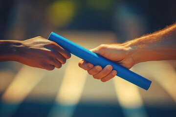 Close-up of two hands exchanging a blue relay baton on a sunlit track, conveying teamwork, trust and focused cooperation